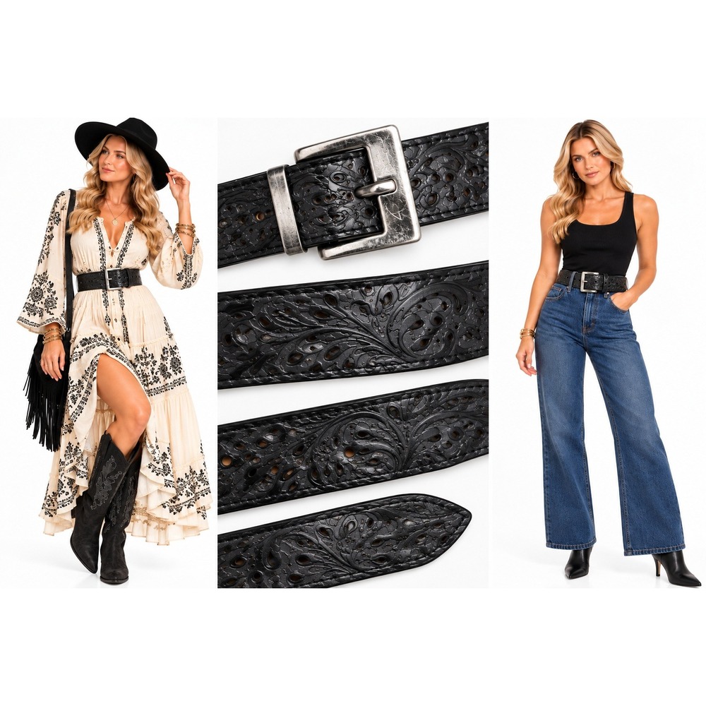 Las Cholas S Black Leather Floral Paisley Cutout Belt Silver Buckle Boho Western